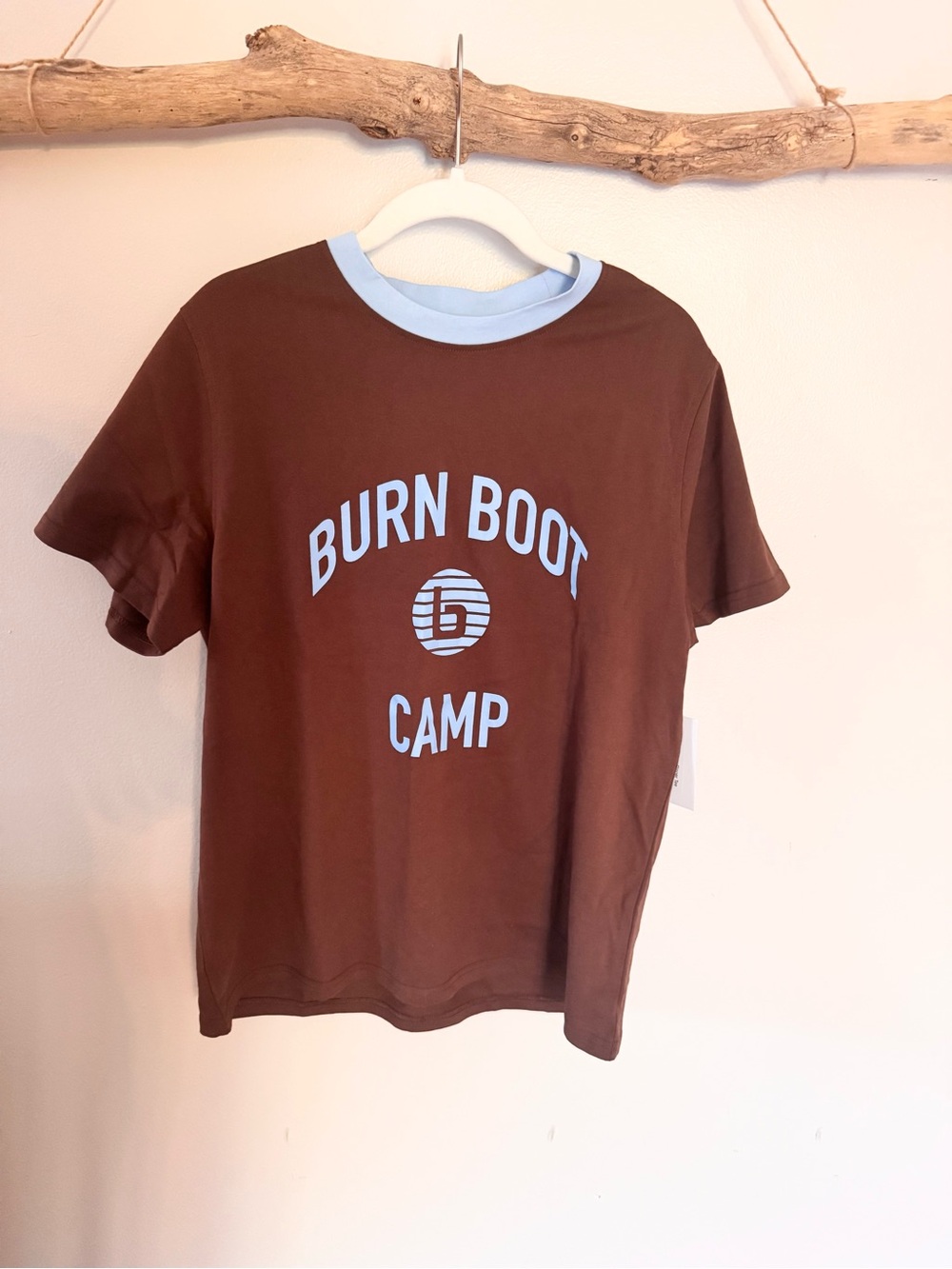 Burn Boot Camp Women's Brown Graphic Ringer Tee with Light Blue Trim